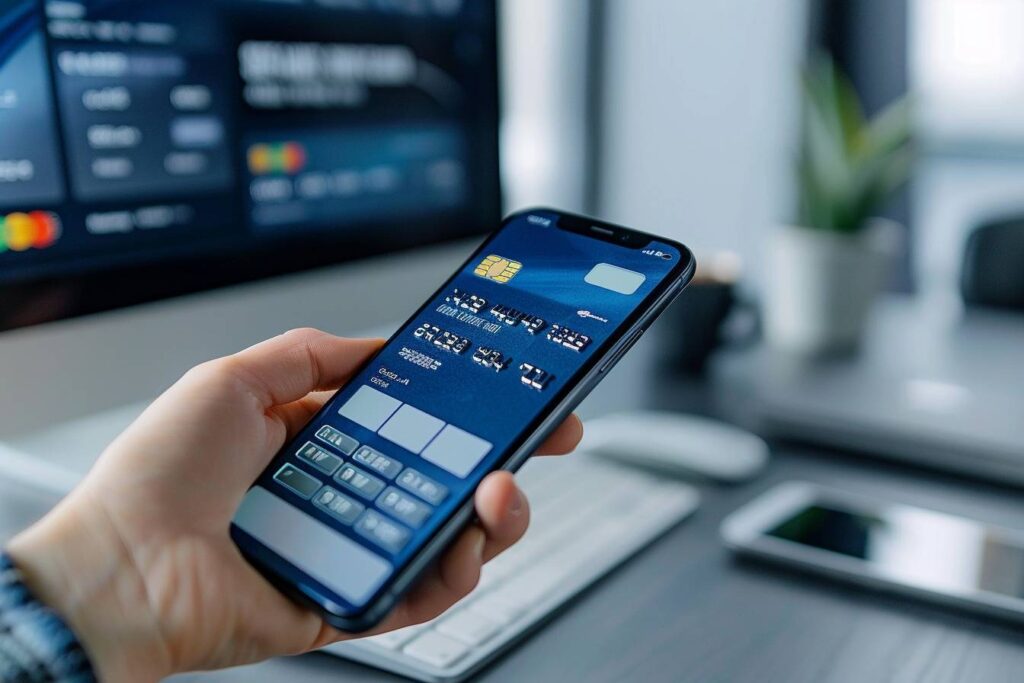 paiement mobile : téléphone affichant une application de paiement mobile avec une carte bancaire virtuelle à l'écran