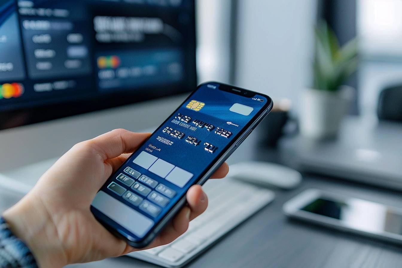 paiement mobile : téléphone affichant une application de paiement mobile avec une carte bancaire virtuelle à l'écran