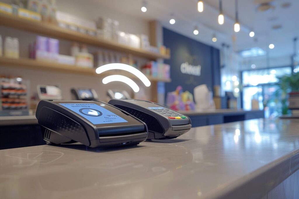 paiement sans contact : illustration d'une transaction sans contact avec smartphone et terminal de paiement
