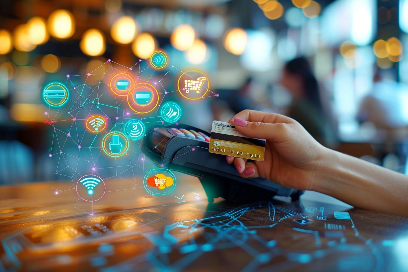 paiement sans contact : carte bancaire approchée d'un terminal de paiement NFC