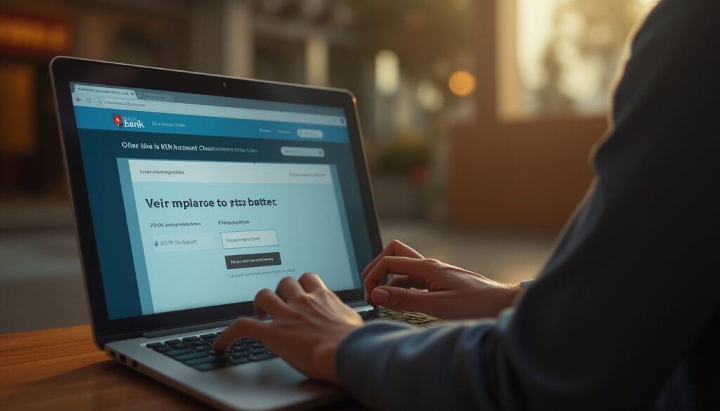 clôturer un compte bancaire en ligne : ordinateur portable affichant une interface bancaire en ligne avec un bouton de clôture de compte