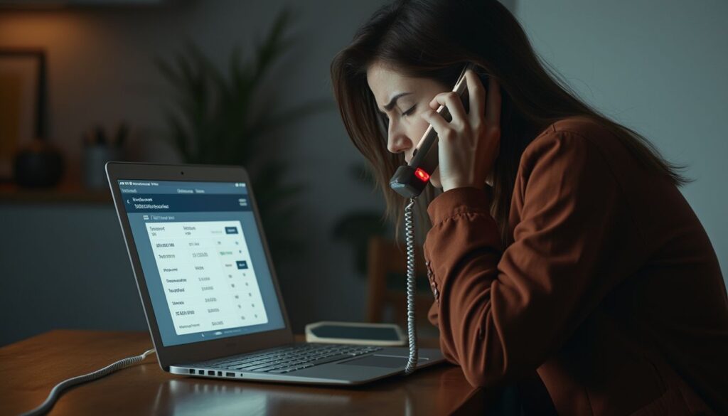 piratage compte bancaire : personne stressée devant un ordinateur avec des alertes de sécurité