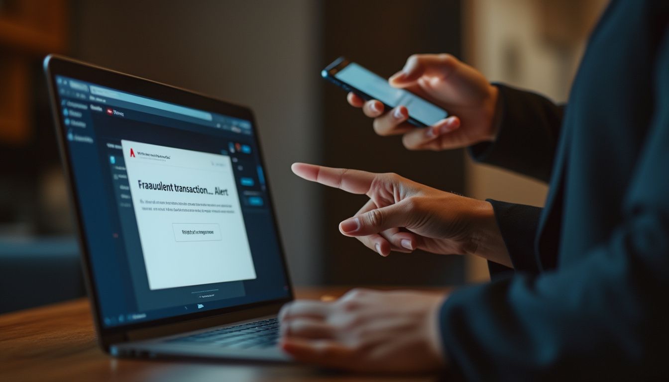 transaction frauduleuse en ligne : illustration d'une alerte bancaire sur un ordinateur portable