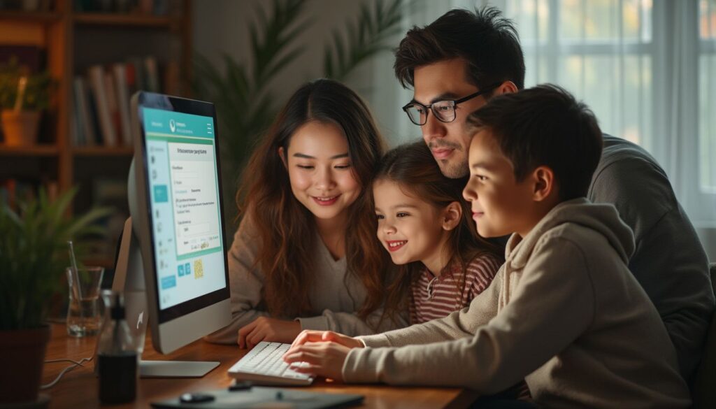 épargne études enfants : visuel illustrant des parents planifiant l'épargne pour les études de leurs enfants avec une interface en ligne