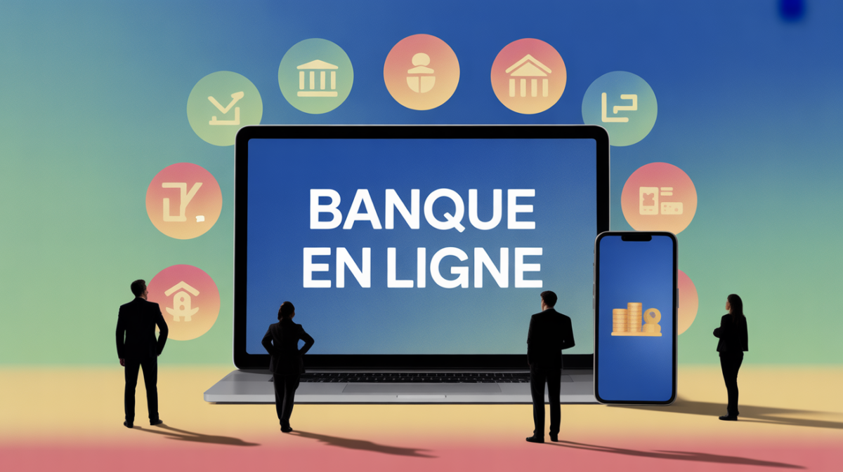 Scène stylisée banque en ligne avec investissements