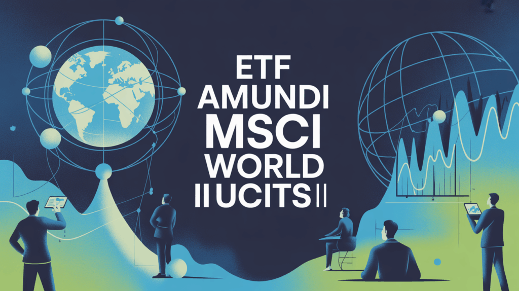 Illustration ETF Amundi MSCI World II UCITS, globe stylisé, graphiques, ambiance moderne