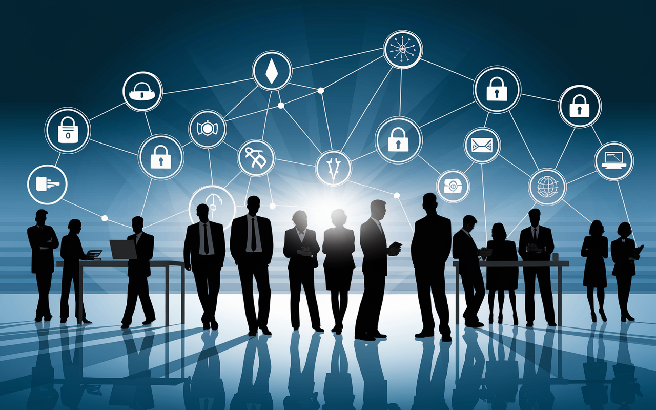 Equipe digitale, symboles de securite, assurance startup