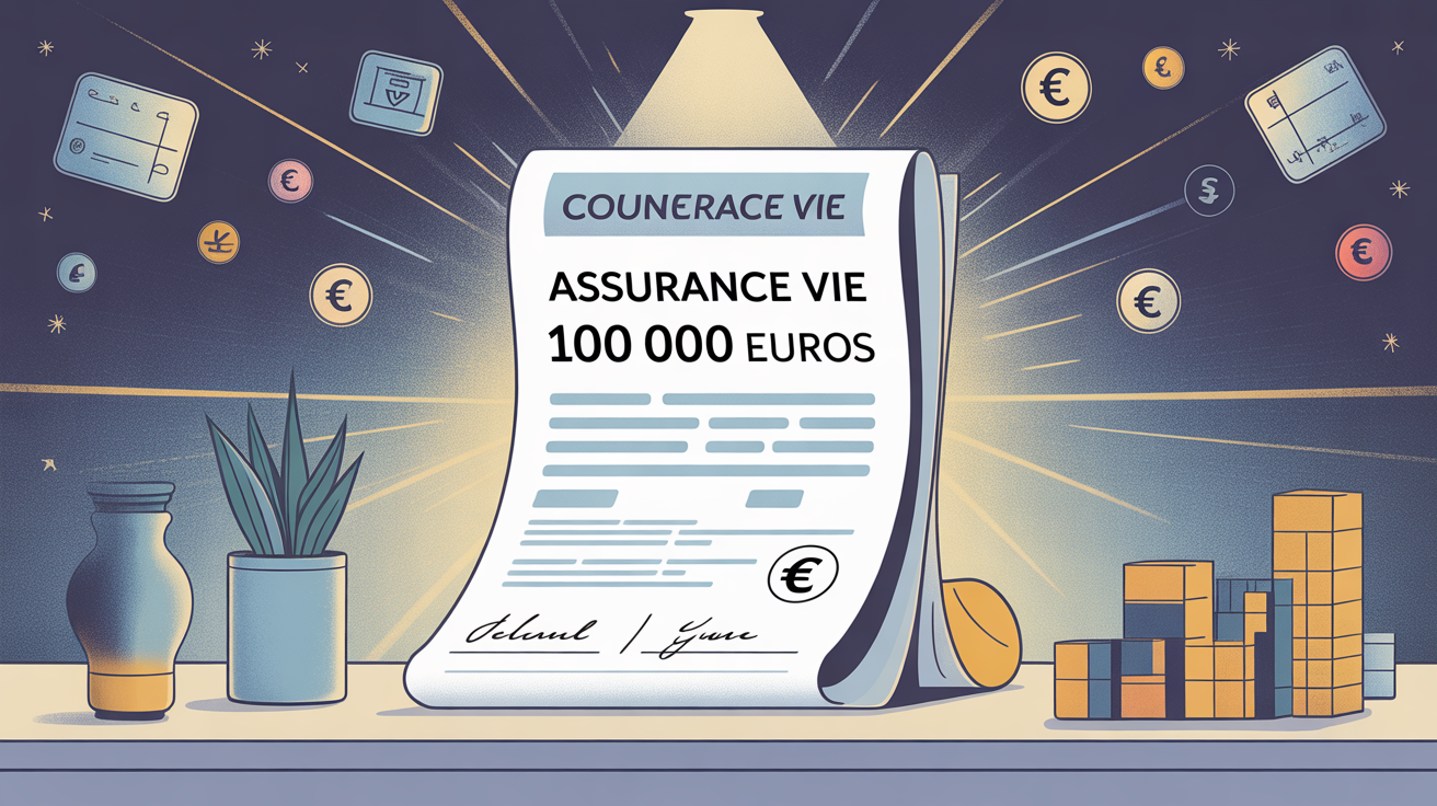 Feuille contrat assurance vie 100000 euros symboles financiers