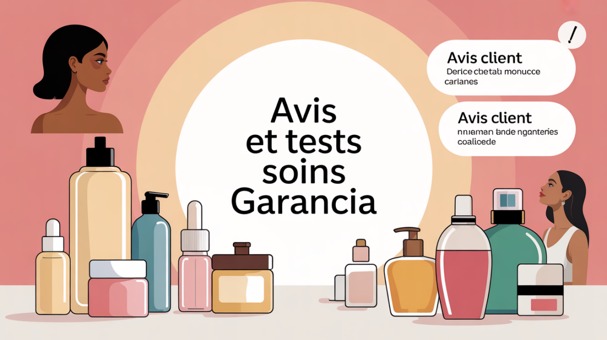 Ambiance lumineuse, flacons soins Garancia, avis clients en bulles