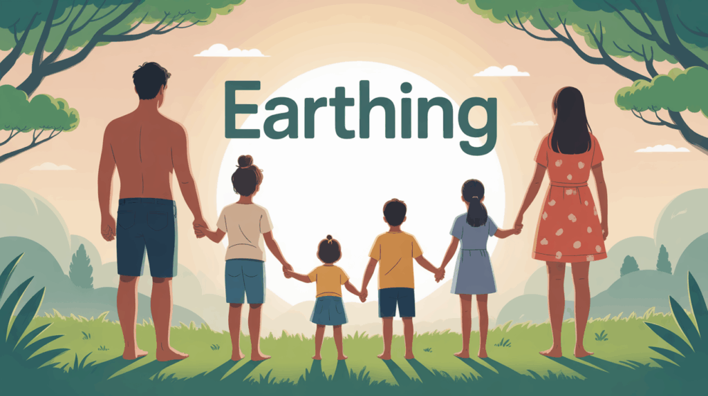 earthing famille pieds nus sur pelouse verte