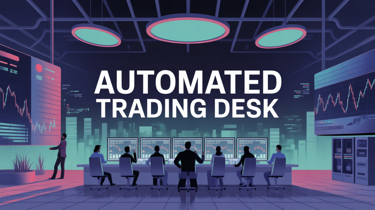 Vue stylisée environnement digital boursier automated trading desk