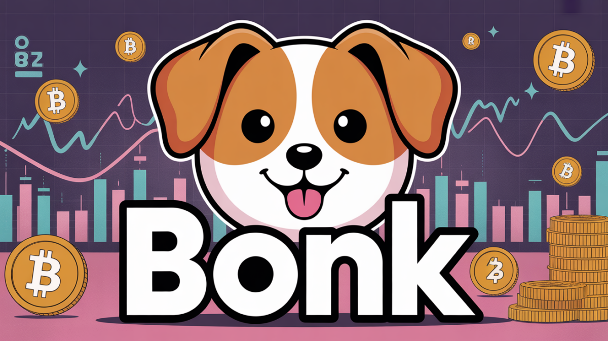 Chien mignon BONK style memecoin sur fond graphique financier dynamique