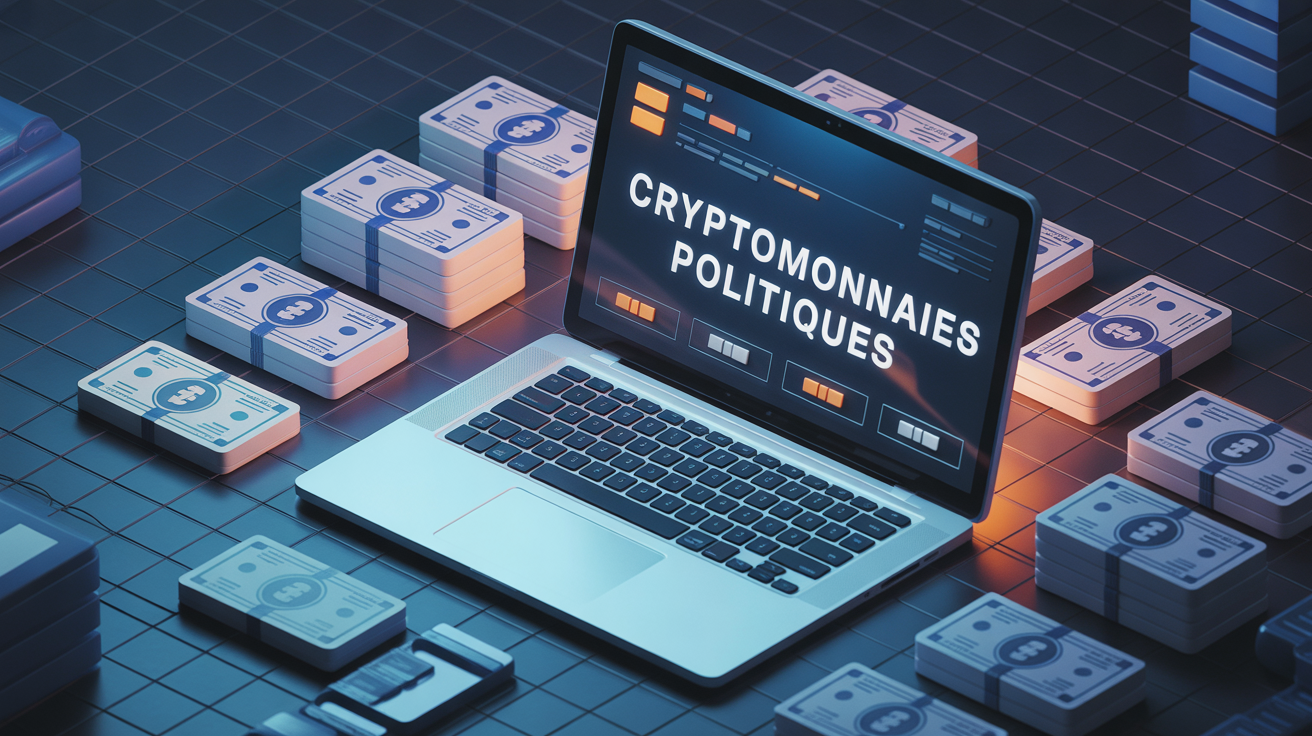 illustration ordinateur et billets digitaux pour cryptomonnaies politiques