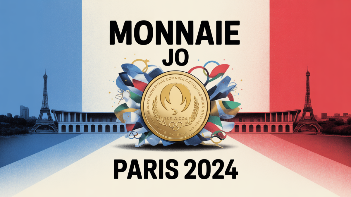 Piece de monnaie JO Paris 2024 entouree de symboles olympiques