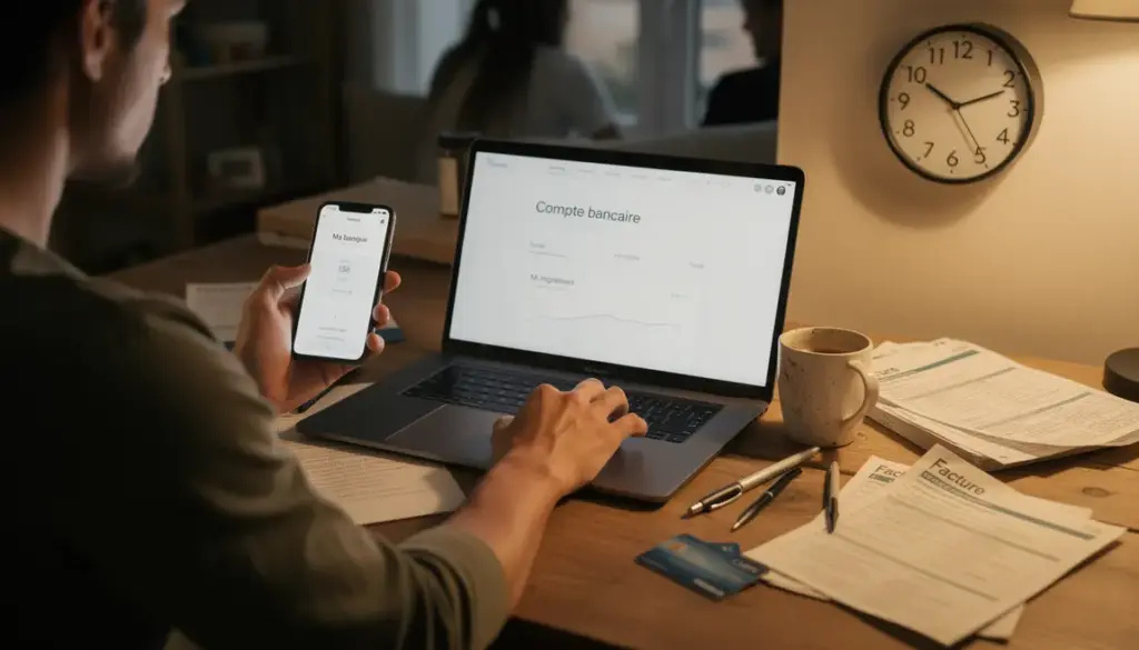 Utilisateur consultant paiement banque en ligne sur ordinateur et mobile