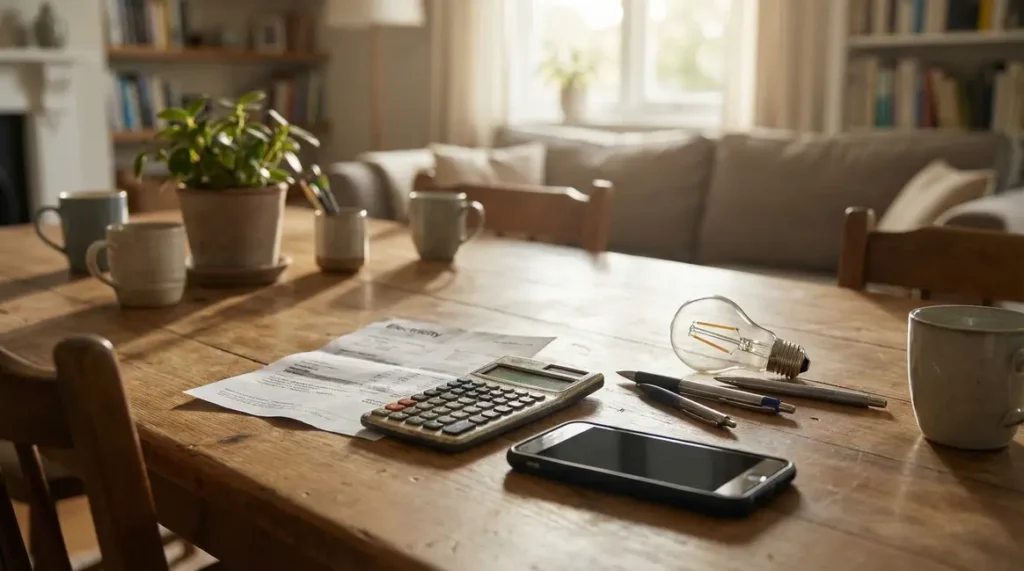 Facture electricite sur table avec calculatrice et smartphone