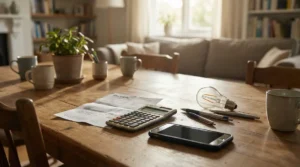 Facture electricite sur table avec calculatrice et smartphone
