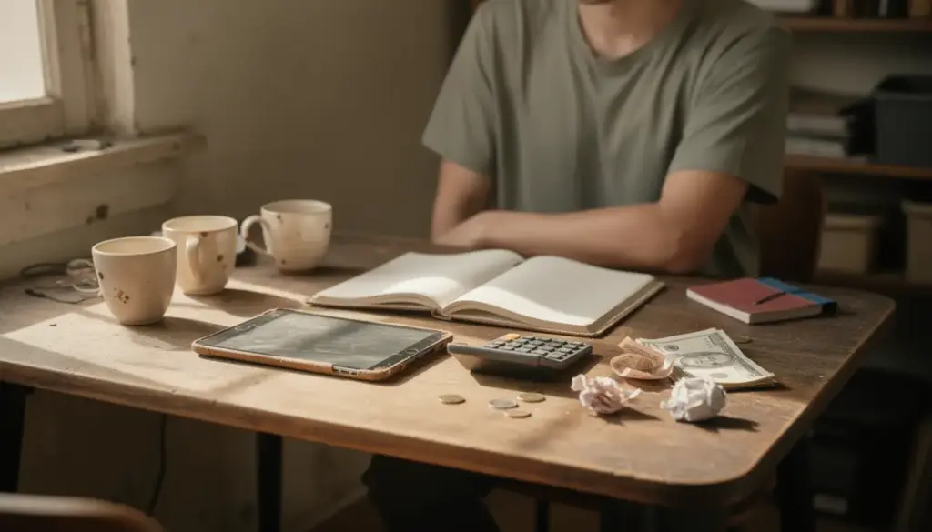 Bureau modeste avec carnet, calculatrice, pièces et billets pour la gestion d'un petit revenu