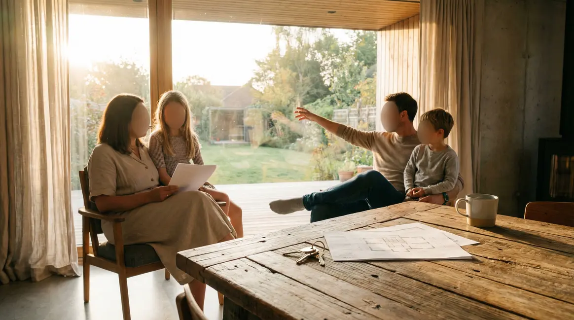 Scène famille stylisée visite maison moderne prêt à taux zéro