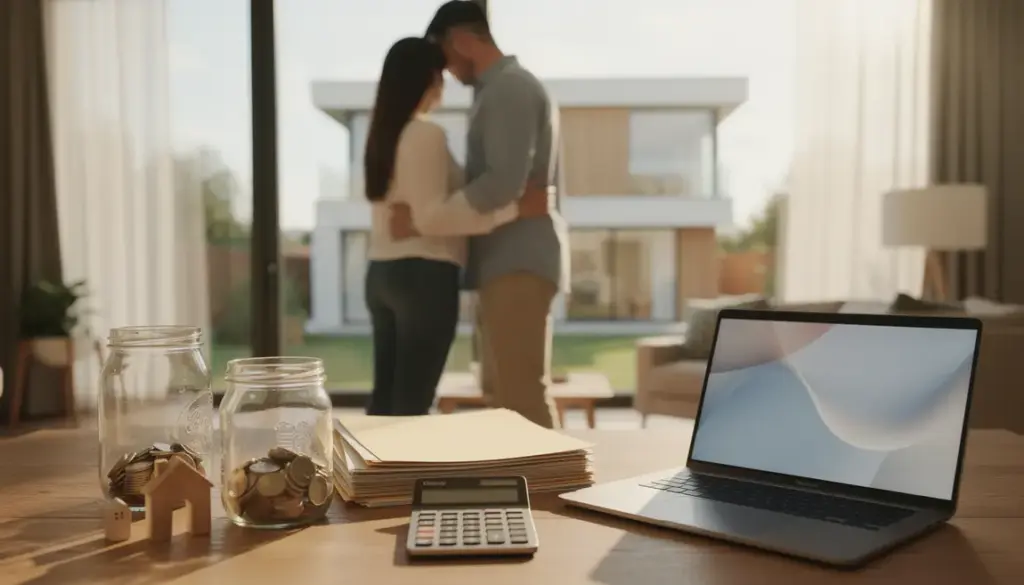 Couple simulant prêt immobilier devant maison moderne
