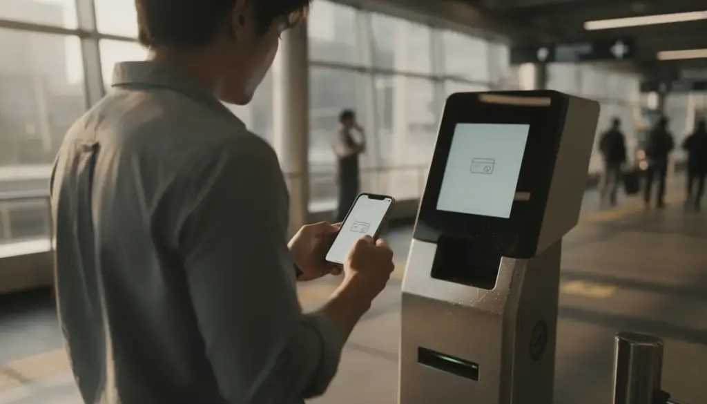 Personne effectue un paiement mobile sur borne publique urbaine