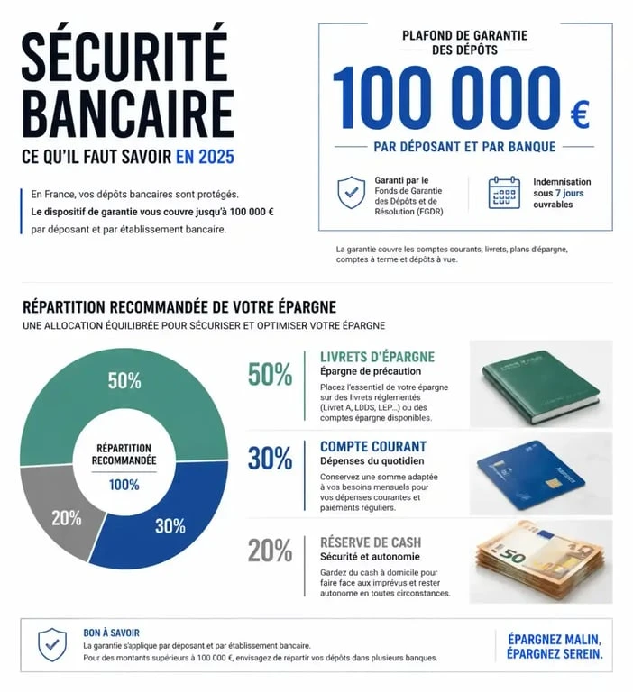 Infographie sur la sécurité bancaire et la garantie des dépôts en 2025 pour savoir s'il faut retirer son argent des banques