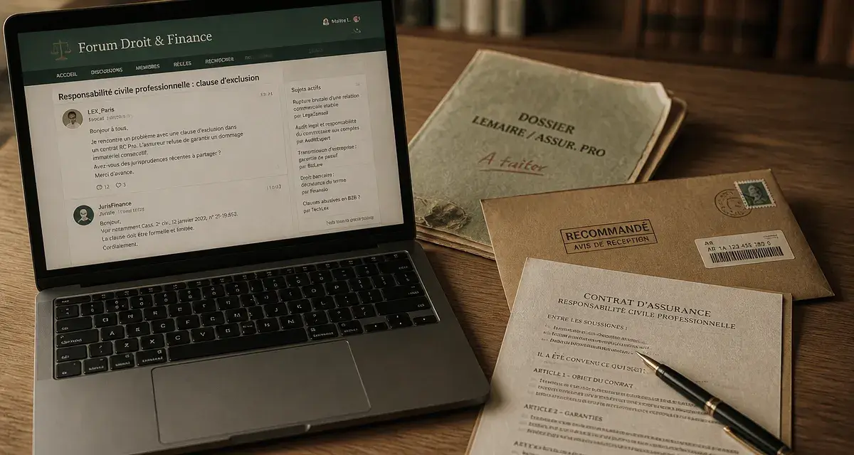 Droit et finance forum : ordinateur et documents juridiques sur table