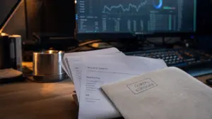 Cortal Consors, documents bancaires et enveloppe « Cortal Consors » sur bureau
