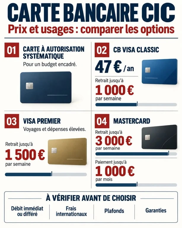 Infographie sur le prix d’une carte bancaire CIC, les plafonds et les garanties selon le type de carte
